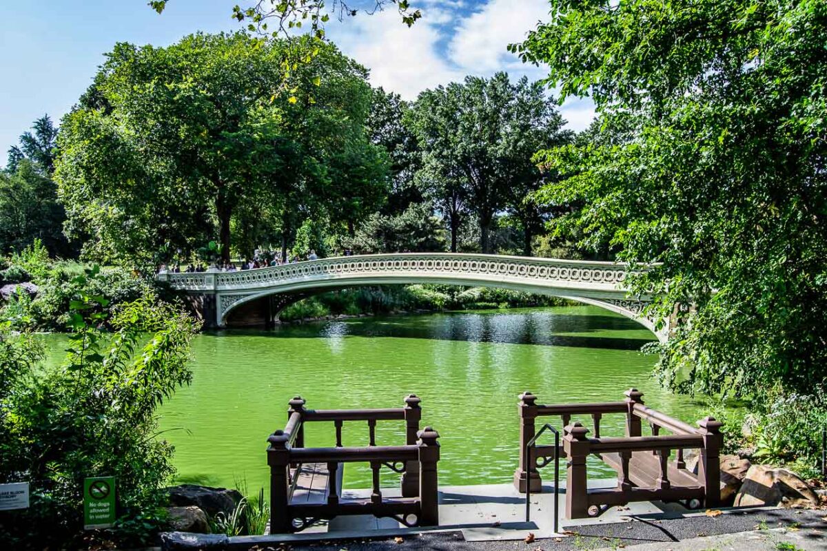 Widok na Bow Bridge z ławeczkami nad brzegiem stawu