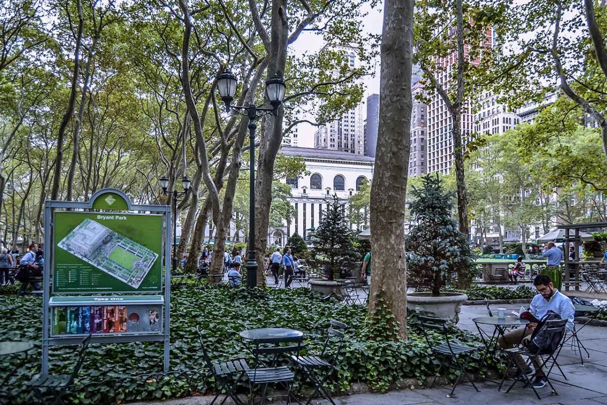 Alejka i ławki w cieniu drzew Bryant Park, nowojorskie budynki w tle