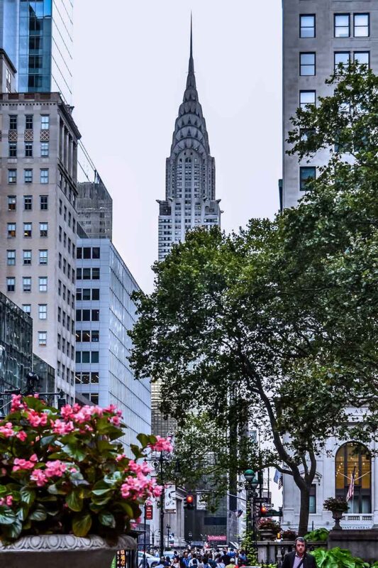 Słynna wieża Chrysler Building między innymi budynkami i zielenią
