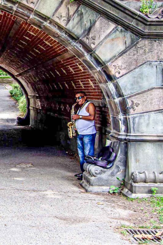 Grajek pod Greywacke Arch w Central Parku