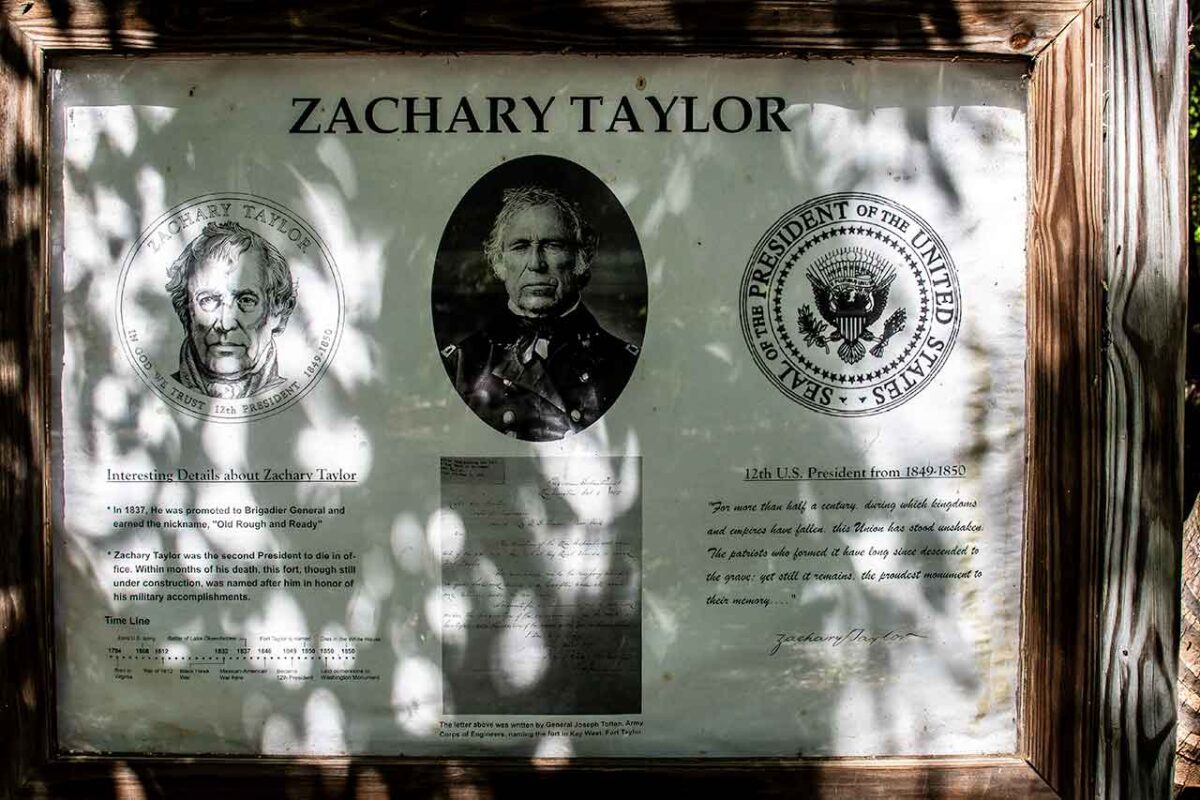 Tablica informacyjna o Zacharym Taylorze z portretem i tekstem na ścianie wśród cieni drzew