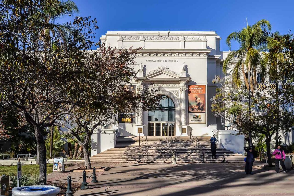 Ingresso al Natural History Museum a Balboa Park a San Diego con ampia scalinata e facciata decorata