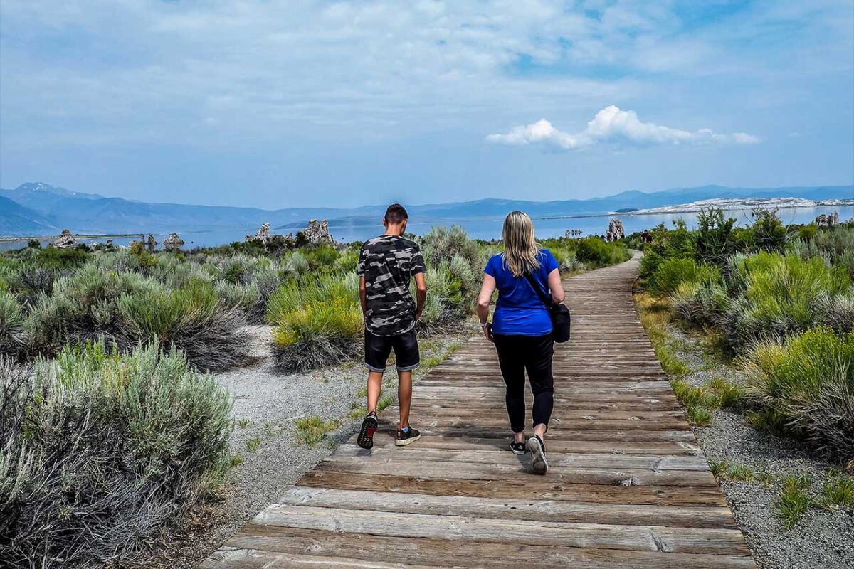 Passerella in legno che conduce verso il Mono Lake in California.